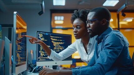 Wall Mural - businesswoman and man african american it engineers collaborating together indoors writing code on c