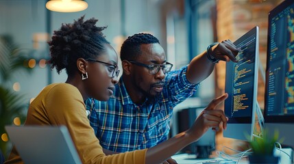 Wall Mural - black man and woman software development engineers working together in office coding at computer sit
