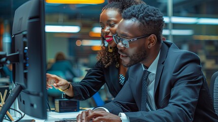 Wall Mural - businesswoman and man african american it engineers collaborating together indoors writing code on c