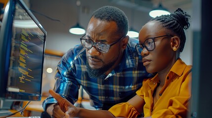 Wall Mural - businesswoman and man african american it engineers collaborating together indoors writing code on c