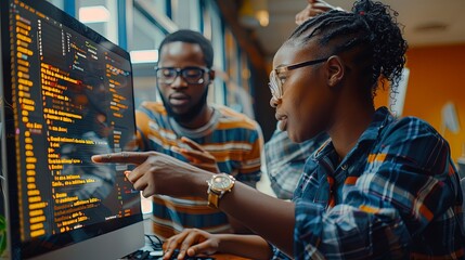 Wall Mural - businesswoman and man african american it engineers collaborating together indoors writing code on c