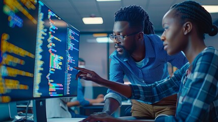Wall Mural - black man and woman software developers working together writing code in office on computer sitting 