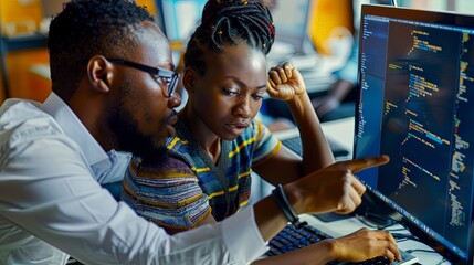 Wall Mural - Black man and woman software developers working together writing code in office on computer sitting at desk