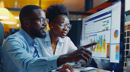Wall Mural - two african american young people man and woman software engineers conding at desk with computer in 