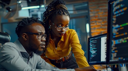 Wall Mural - Man and woman african american software developers collaborating at workplace conding at computer inside office pointing at monitor