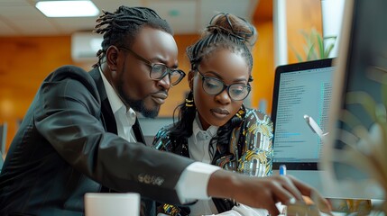 Wall Mural - Man and woman african american software developers collaborating at workplace conding at computer inside office pointing at monitor