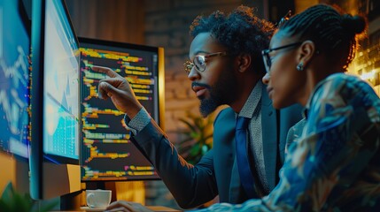 Wall Mural - man and woman african american software developers collaborating at workplace conding at computer in
