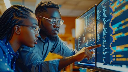 Wall Mural - man and woman african american software developers collaborating at workplace conding at computer in