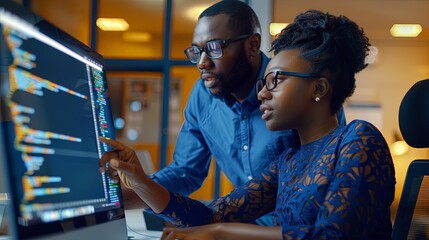 Wall Mural - black man and woman software developers working together writing code in office on computer sitting 
