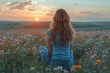 © DKPhoto - A relaxing image of a woman sitting amidst wildflowers, witnessing a spectacular sunset over lush fields