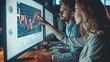 © Barosanu - Man and woman coworkers in office dressed in suit sitting at desk with computer looking at data chart graph on monitor analyzing