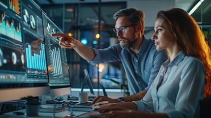 Wall Mural - Man and woman white businesspeople working together in office sitting at desk looking at computer monitor with data chart