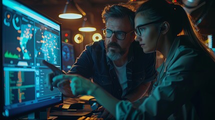 Wall Mural - Man and woman white businesspeople working together in office sitting at desk looking at computer monitor with data chart