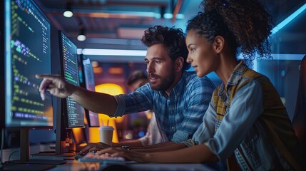 Wall Mural - two software engineers computer programmers working in web design software looking at monitor with c