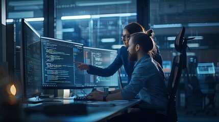 Wall Mural - two software engineers computer programmers working in web design software looking at monitor with c