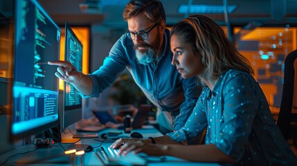 Wall Mural - two software engineers computer programmers working in web design software looking at monitor with c