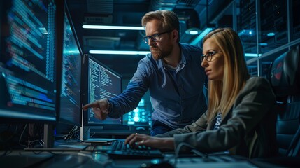 Wall Mural - two software engineers computer programmers working in web design software looking at monitor with c
