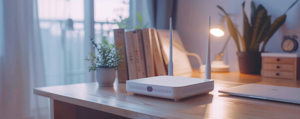 Elevate your home's tech quotient with a cutting-edge high-speed wireless router, strategically positioned on a wooden table, seamlessly integrating with your modern home environment.