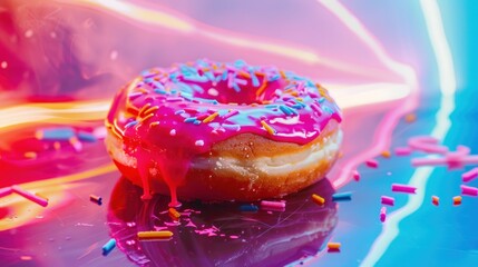 Brightly pink-glazed donut with colorful sprinkles illuminated by neon lights on a reflective blue surface