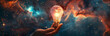 A symbolic image of innovation and inspiration, showcasing a hand holding a lightbulb that glows against a cosmic backdrop