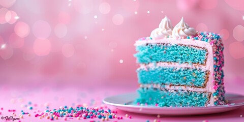 Wall Mural - A vibrant blue layered birthday cake slice with sprinkles on a pastel pink backdrop.