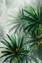 Wall Mural - Simplified palm leaves in light and dark green colors, with subtle gold highlights, set against an abstract background of soft grey tones. 