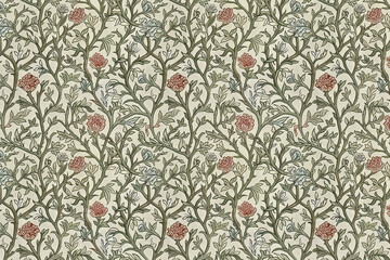 Wall Mural - Toile floral pattern tapestry. Arts and Crafts. Vintage botanical wallpaper pattern. Background image. Created with Generative AI technology