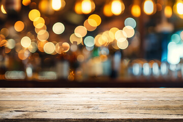 Wall Mural - Empty wooden table for present product on coffee shop blur background.