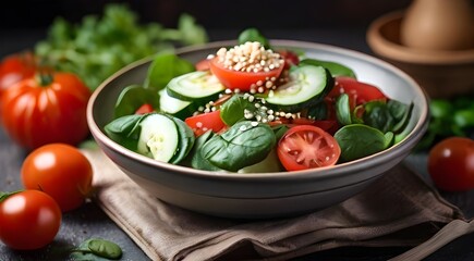 Wall Mural - A plate of fresh tomato, cucumber, onion, spinach, lettuce, and sesame seeds contains a nutritious vegetable salad. menu for diet. top view.