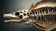 a skeleton of fish with teeth and bones, against a blue background.
