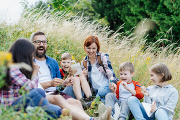 Canvas Print - Young students learning about nature, forest ecosystem during biology field teaching class, observing wild plants. Dedicated teachers during outdoor active education.