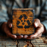 Fototapeta  - manos sujetando figura cubo de madera, símbolo reciclaje, concepto de economía circular, trabajador desempleado re-inventarse selección de personal, tecnologías disruptivas, medios sostenibles natural
