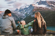 © EVERST - Family vacations outdoor travel lifestyle adventure trip in Norway mother, father and child hiking together healthy lifestyle parents man and woman with kid daughter eco tourism in mountains