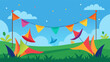 The colorful flags lining the field flutter in the breeze adding to the festive atmosphere.. Vector illustration