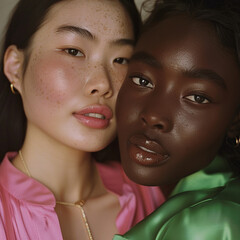 one woman is chinese, the other is black, 2 women hugging and smiling, close crop, one in a pink top and one in a green top, in studio, no makeup and fresh looking