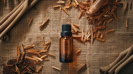 Wall Mural - sandalwood essential oil on burlap background. selective focus