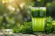 A tasteful glass of artistic freshly harvested parsley juice sets over a wooden table over a setting of emerald nature lovely sun radiant and space, Generative AI.