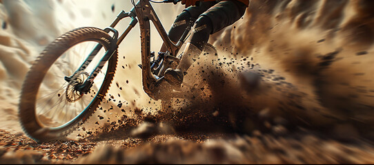 close-up of a man in sports gear rushing at wild speed on a mountain bike along a dusty dangerous mountain track, dirt and dust flying from under the wheels.