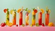 Trendy and modern take on blended fruit and vegetable drinks, artistically arranged with a focus on vibrant colors and fresh ingredients, against a clean, isolated backdrop