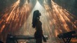 the enchanting silhouette of a female performer as she pours her heart into every note, surrounded by a breathtaking display of dynamic stage lights