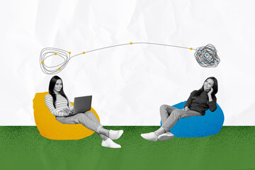 Wall Mural - Composite photo collage of two happy colleagues girls sit beanbag work distance home transfer macbook data isolated on painted background