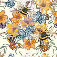 Poster - Blooming midsummer floral pattern with vector bumblebee and flowers