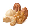 Pecan, walnut, macadamia, cashew and almond nuts isolated on white background