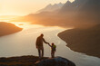 © EVERST - Father and child hiking in Norway traveling together summer vacations adventure trip healthy lifestyle outdoor active dad and daughter kid with backpack enjoying sunset fjord and mountains view