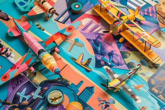 Design a dynamic Birds-eye View board game cover showcasing adventurous aviation milestones in a colorful