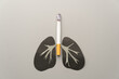 World no tobacco day concept. Unhealthy lung organ with cigarettes or tobacco on gray background. Lung diseases caused by smoking include COPD, asthma attack and lung cancer.