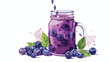 Glass jar of tasty blueberry smoothie on white background