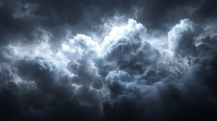 Dramatic storm clouds with vivid lightning strikes and dark skies