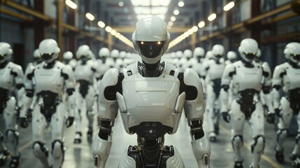 Poster - A group of autonomous robots. Displacement of work by artificial intelligence. Future of manufacturing.