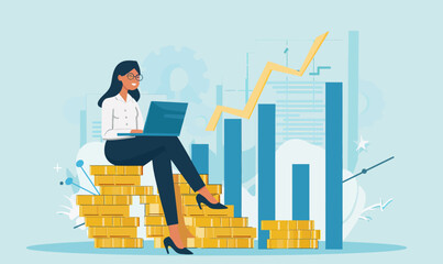 Wall Mural - a woman sitting on a pile of gold coins using a laptop